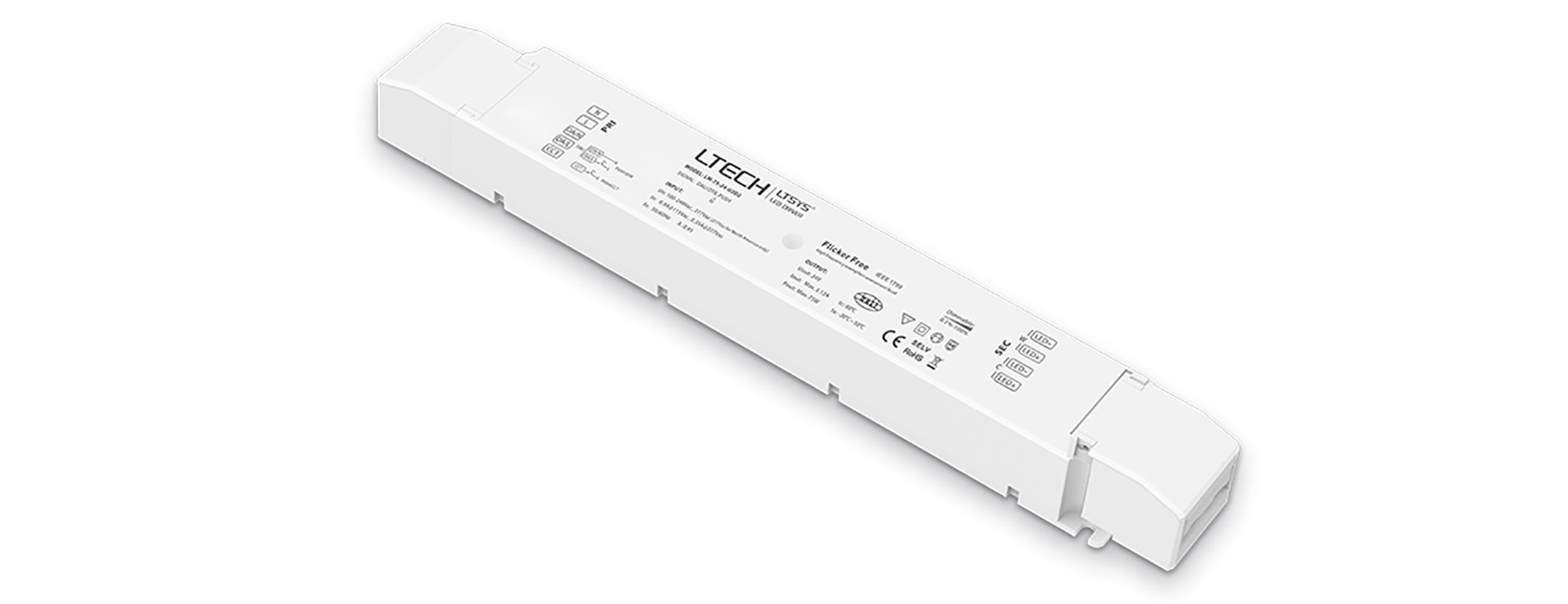 LM-75-24-U2D2  DALI DT8I/Push DIM/CT, 0-100% Dim, CV 75W, 24Vdc 3.12A, 2CH O/P, 200-240Vac, IP20, 5yrs Warranty.